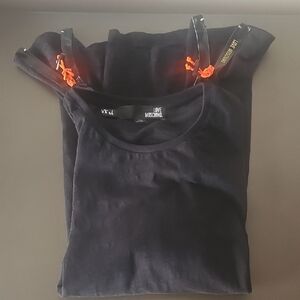 Love Moschino Black T-Shirt Sz 44 100% Cotton Size Orange Zipper Pulls ❤️
